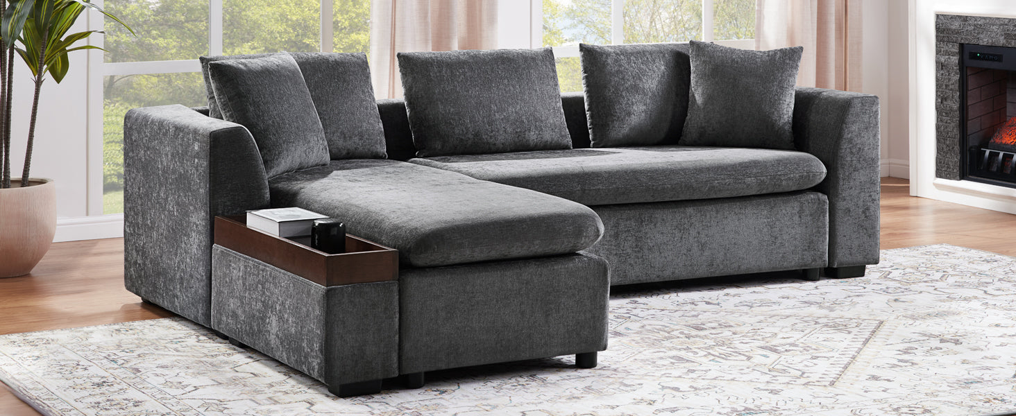 Modern L-Shaped Sectional Sofa with Storage in Gray Chenille, 93.7' Upholstered Couch