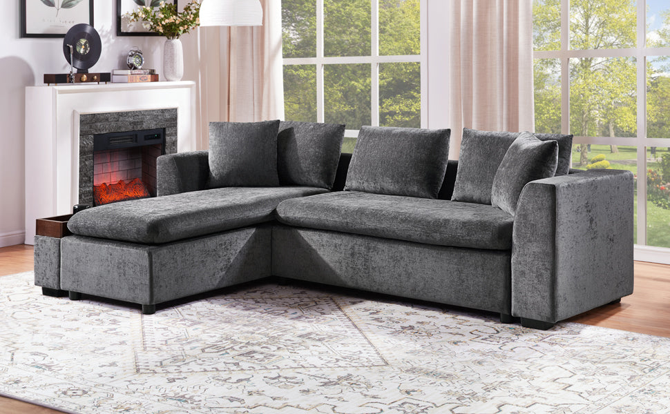 Modern L-Shaped Sectional Sofa with Storage in Gray Chenille, 93.7' Upholstered Couch
