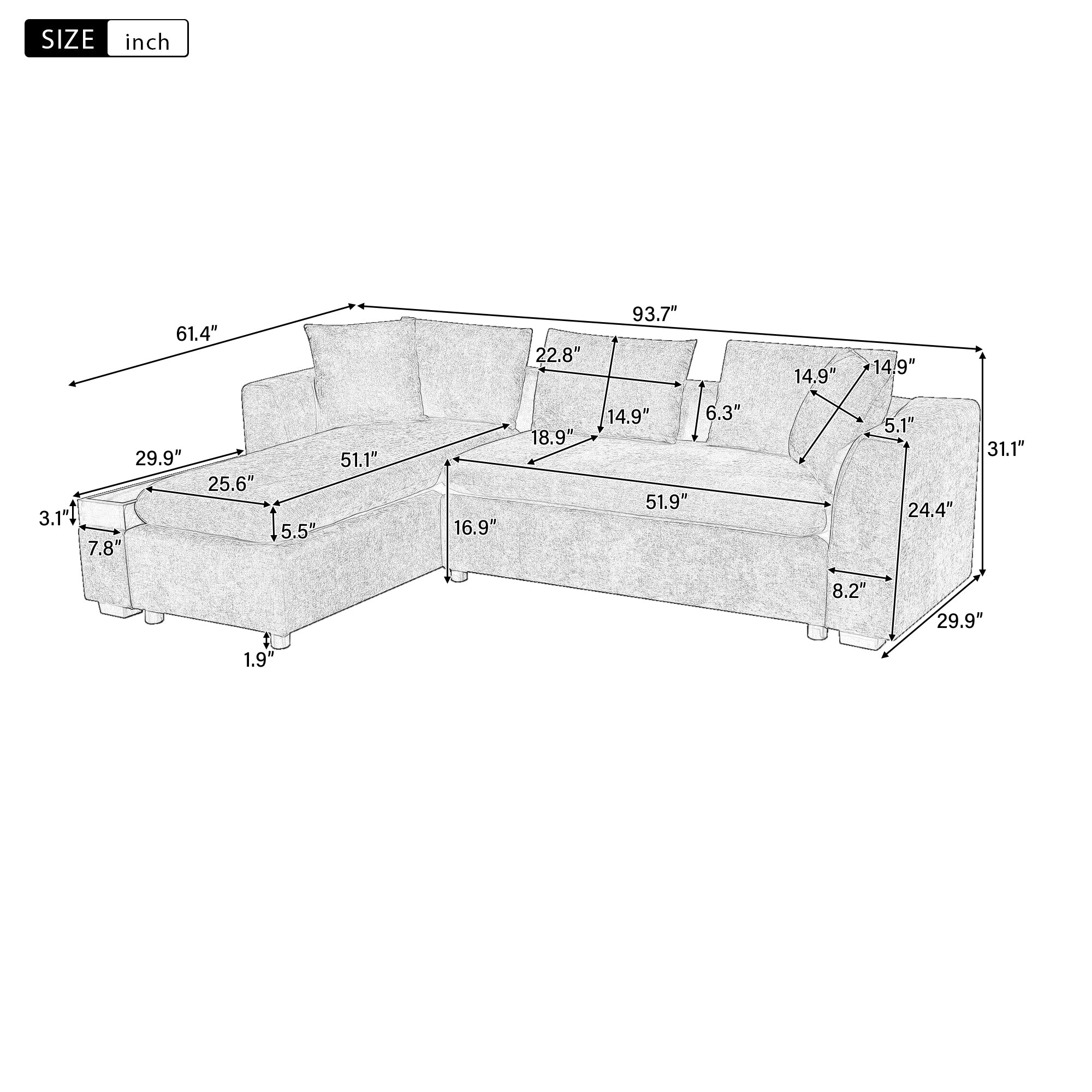 Modern L-Shaped Sectional Sofa with Storage in Gray Chenille, 93.7' Upholstered Couch