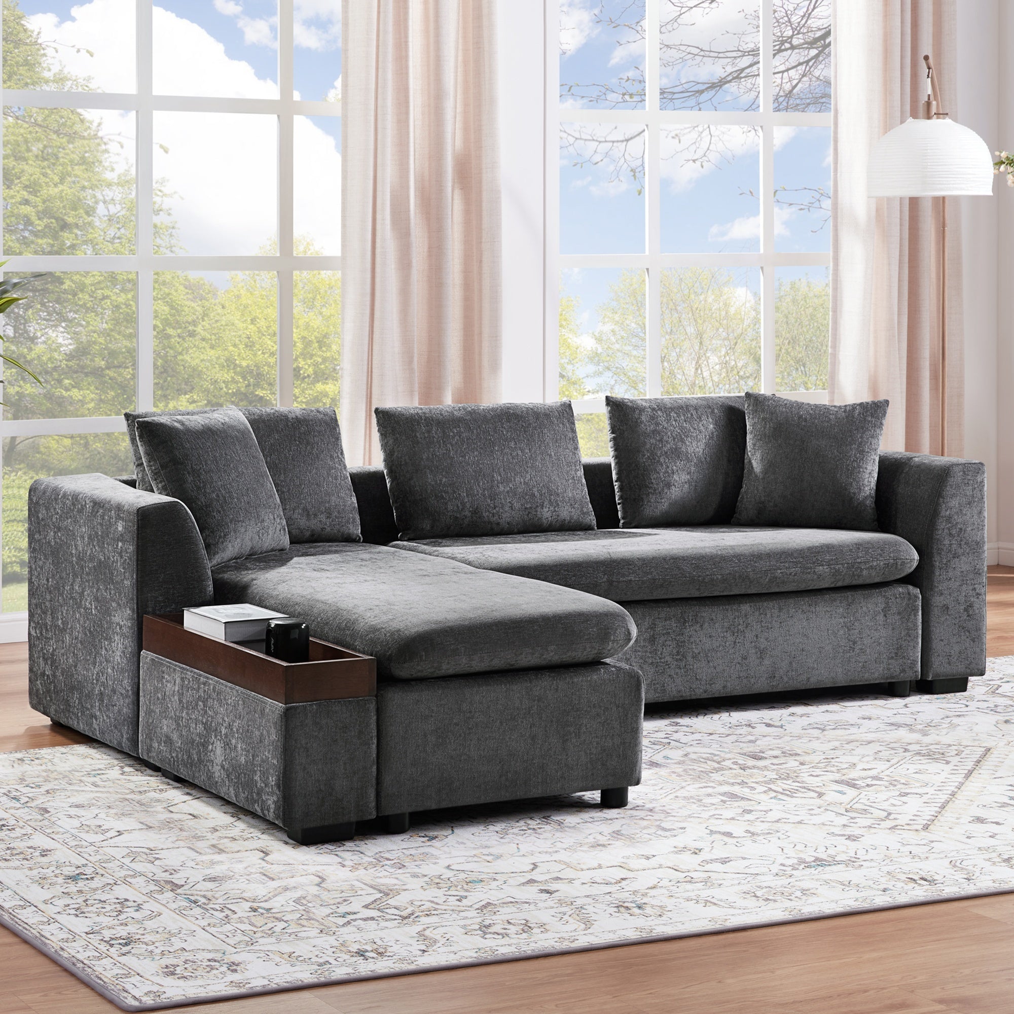 Modern L-Shaped Sectional Sofa with Storage in Gray Chenille, 93.7' Upholstered Couch