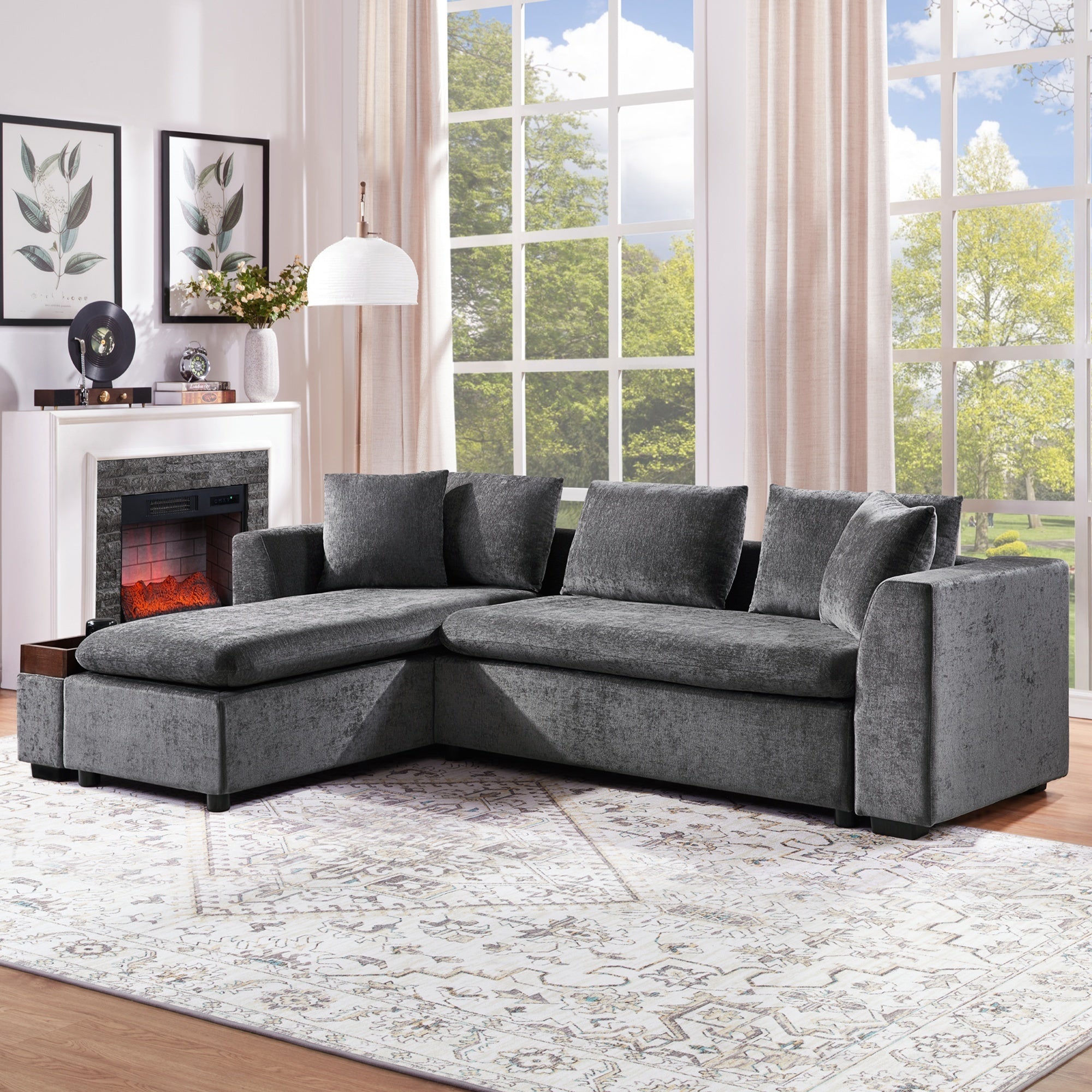 Modern L-Shaped Sectional Sofa with Storage in Gray Chenille, 93.7' Upholstered Couch