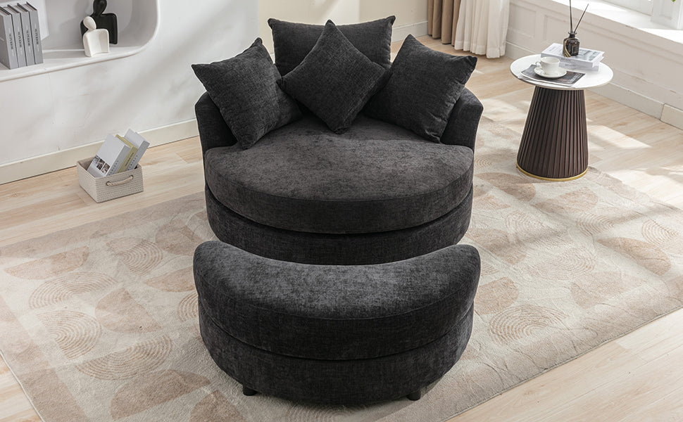 Modern Gray Chenille Swivel Barrel Chair with Ottoman