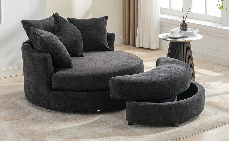 Modern Gray Chenille Swivel Barrel Chair with Ottoman