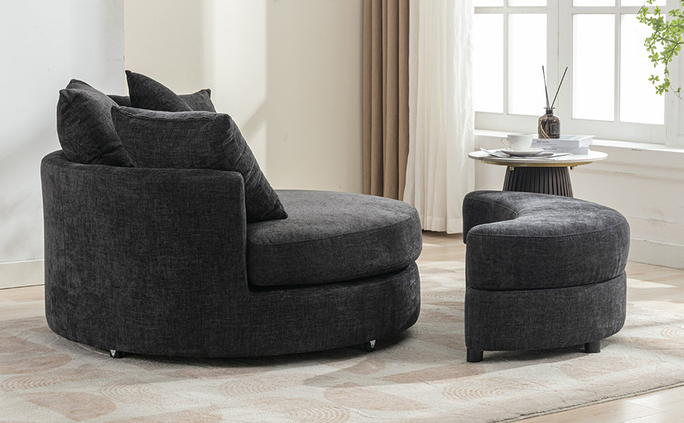 Modern Gray Chenille Swivel Barrel Chair with Ottoman