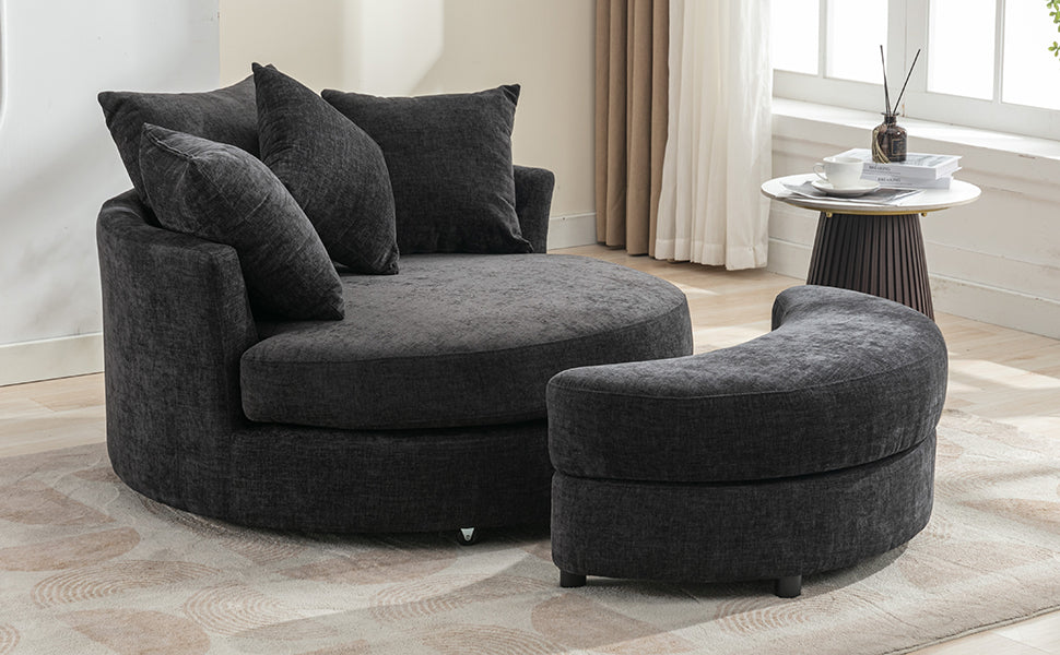 Modern Gray Chenille Swivel Barrel Chair with Ottoman
