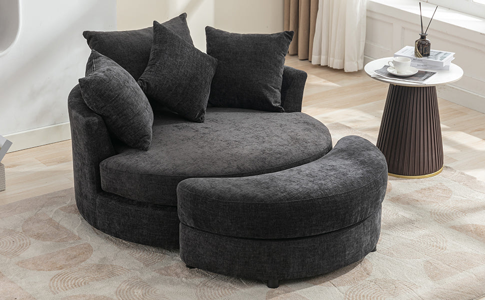 Modern Gray Chenille Swivel Barrel Chair with Ottoman