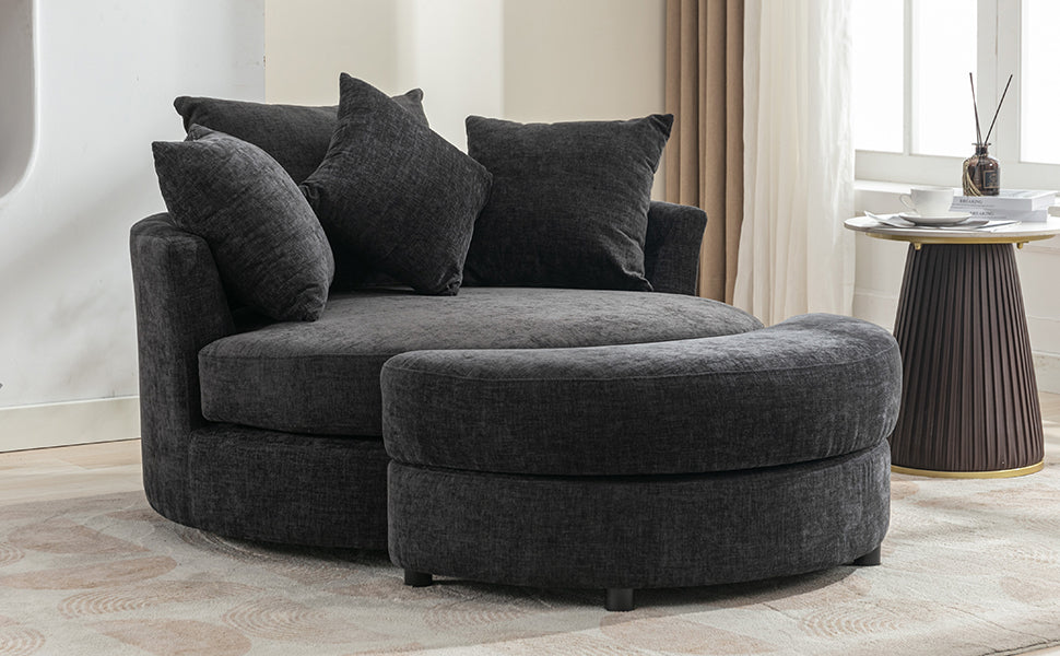 Modern Gray Chenille Swivel Barrel Chair with Ottoman