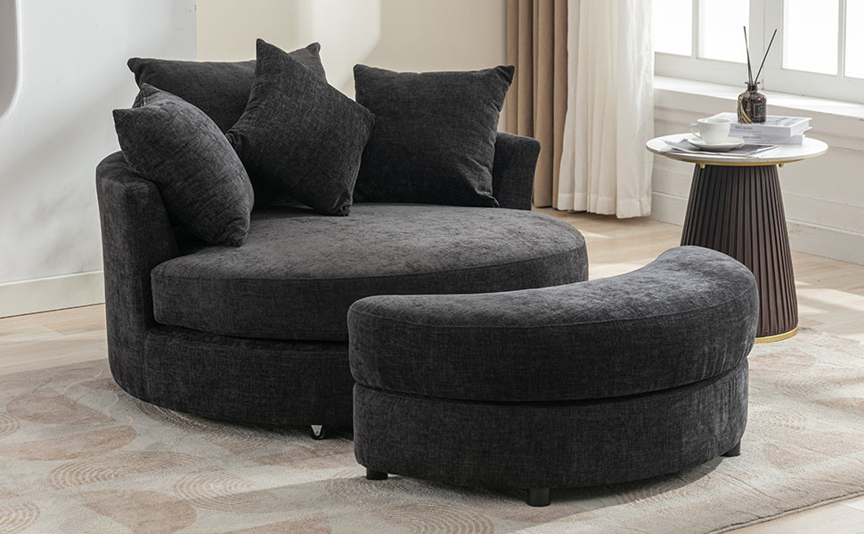Modern Gray Chenille Swivel Barrel Chair with Ottoman