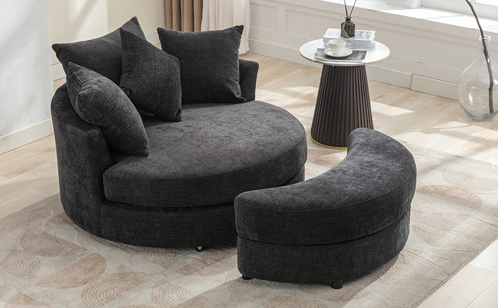 Modern Gray Chenille Swivel Barrel Chair with Ottoman