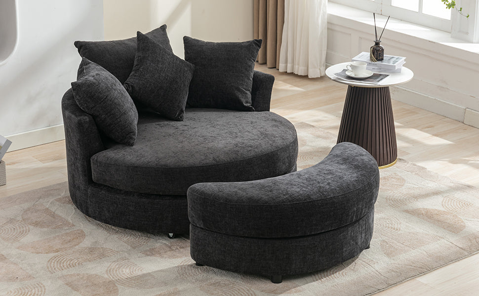 Modern Gray Chenille Swivel Barrel Chair with Ottoman