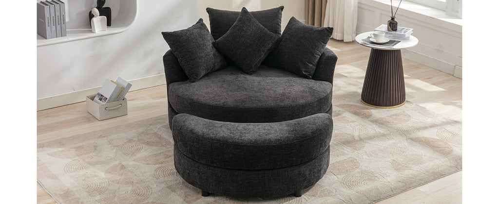 Modern Gray Chenille Swivel Barrel Chair with Ottoman
