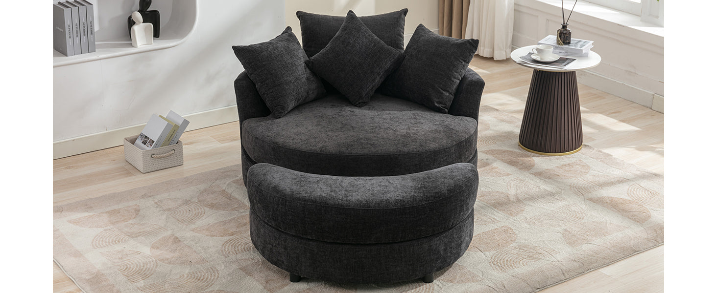 Modern Gray Chenille Swivel Barrel Chair with Ottoman