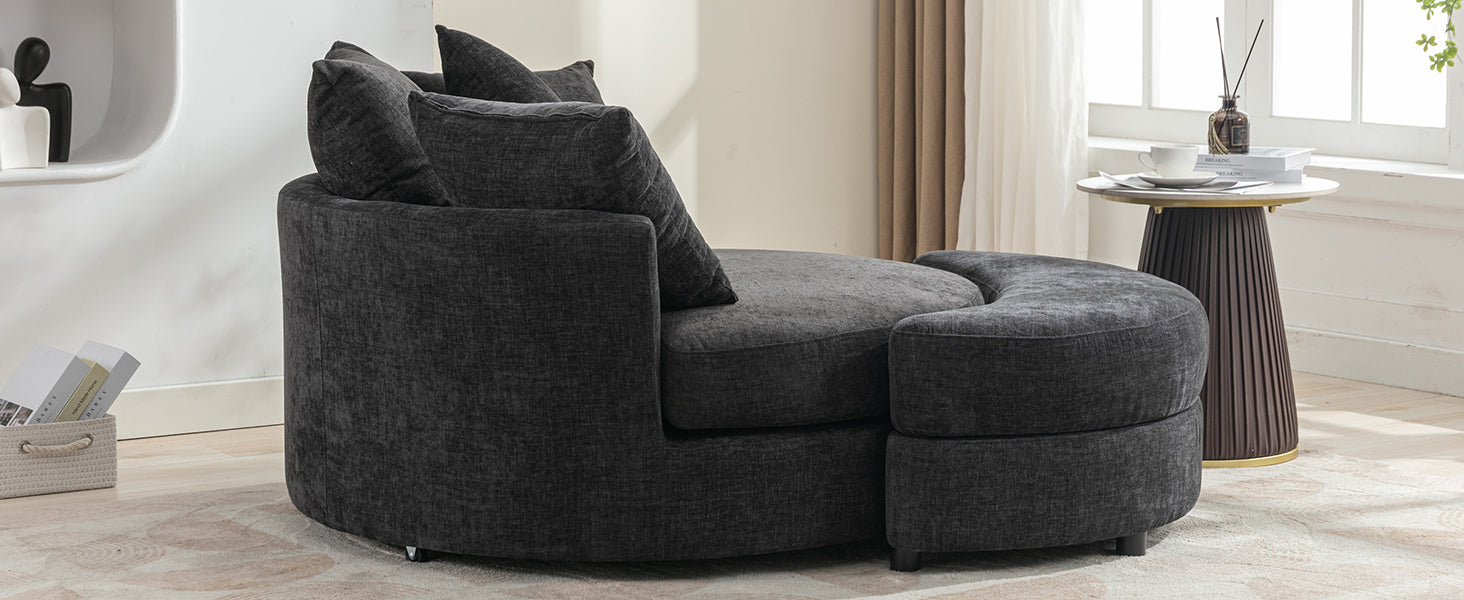 Modern Gray Chenille Swivel Barrel Chair with Ottoman