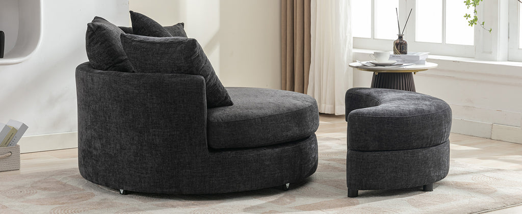 Modern Gray Chenille Swivel Barrel Chair with Ottoman