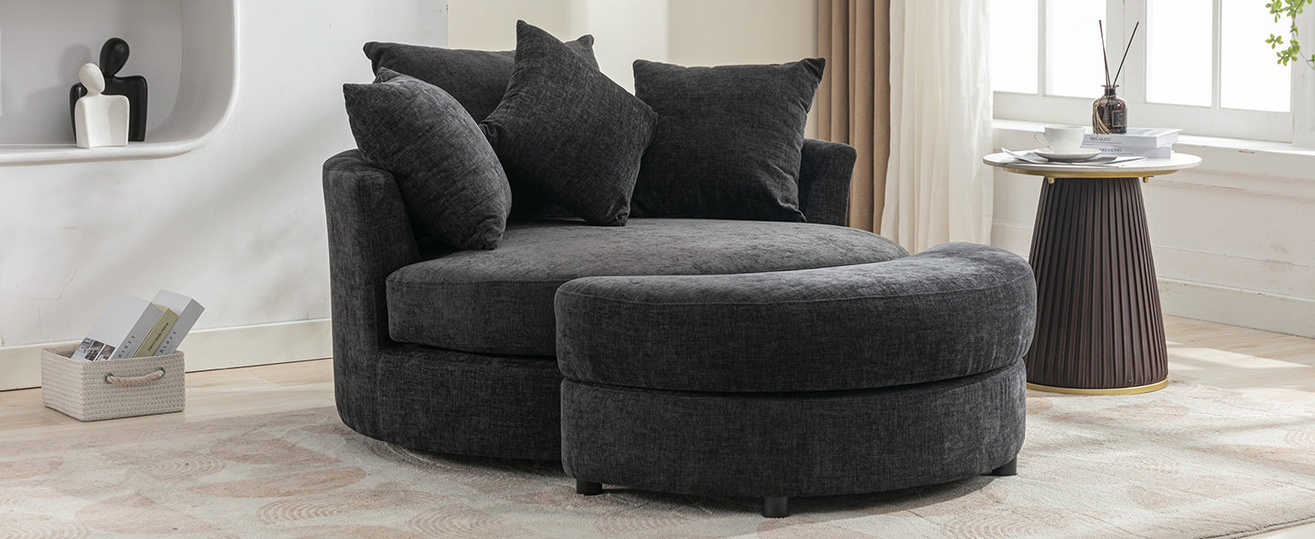 Modern Gray Chenille Swivel Barrel Chair with Ottoman