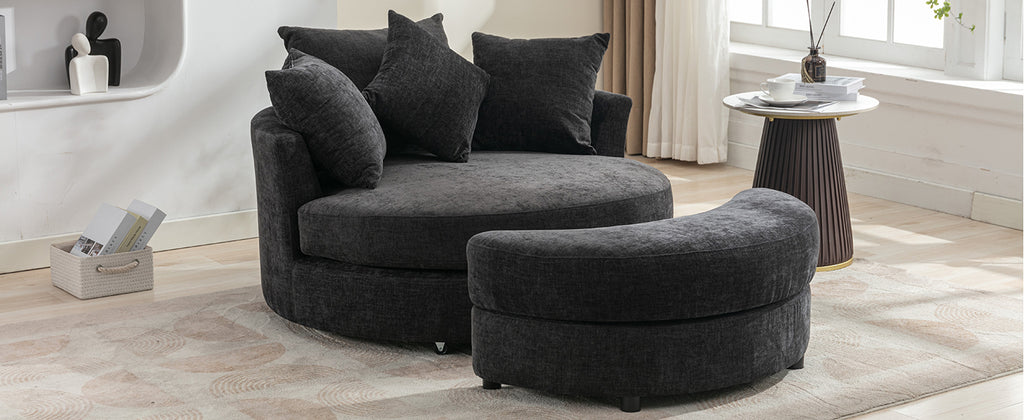 Modern Gray Chenille Swivel Barrel Chair with Ottoman