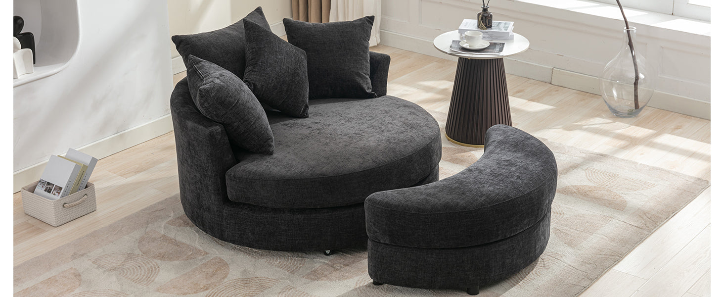Modern Gray Chenille Swivel Barrel Chair with Ottoman