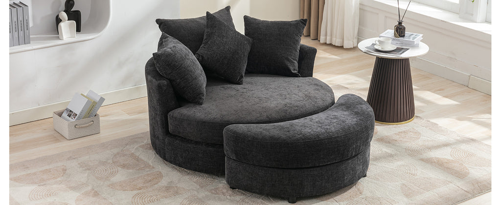 Modern Gray Chenille Swivel Barrel Chair with Ottoman
