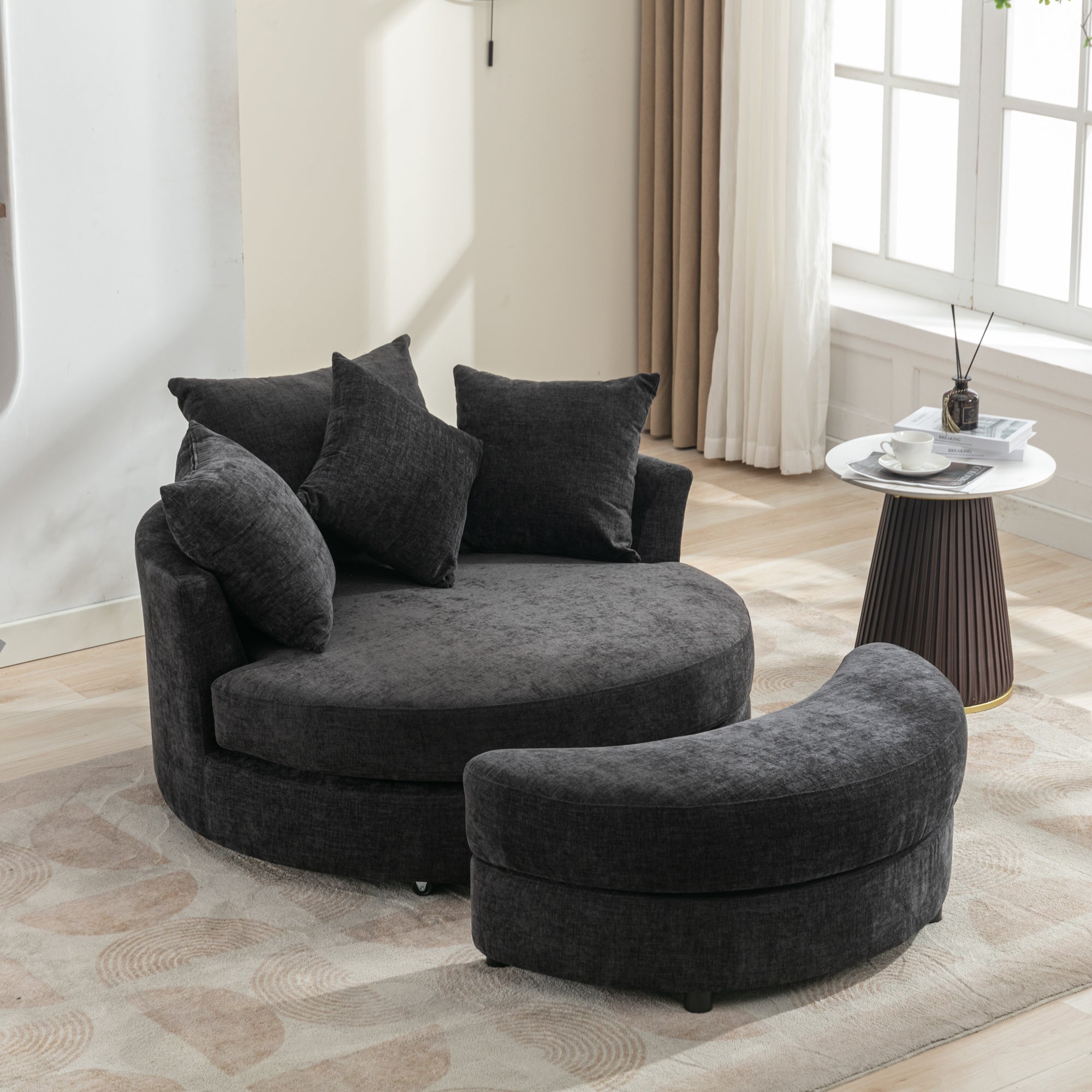 Modern Gray Chenille Swivel Barrel Chair with Ottoman