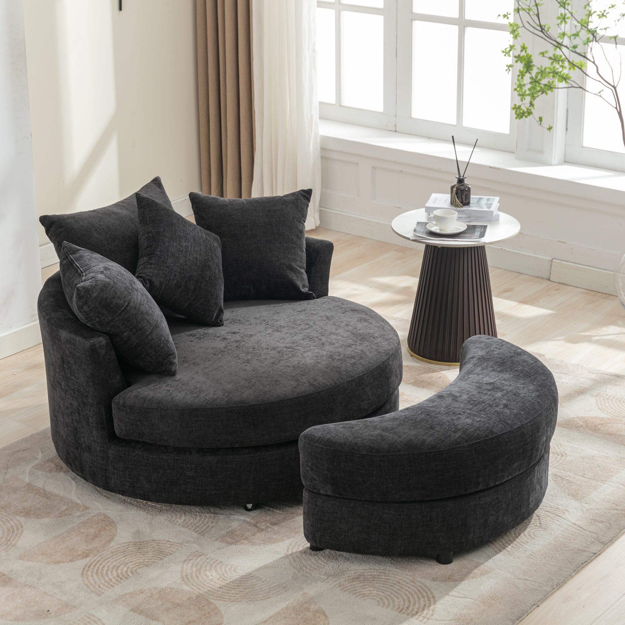 Modern Gray Chenille Swivel Barrel Chair with Ottoman