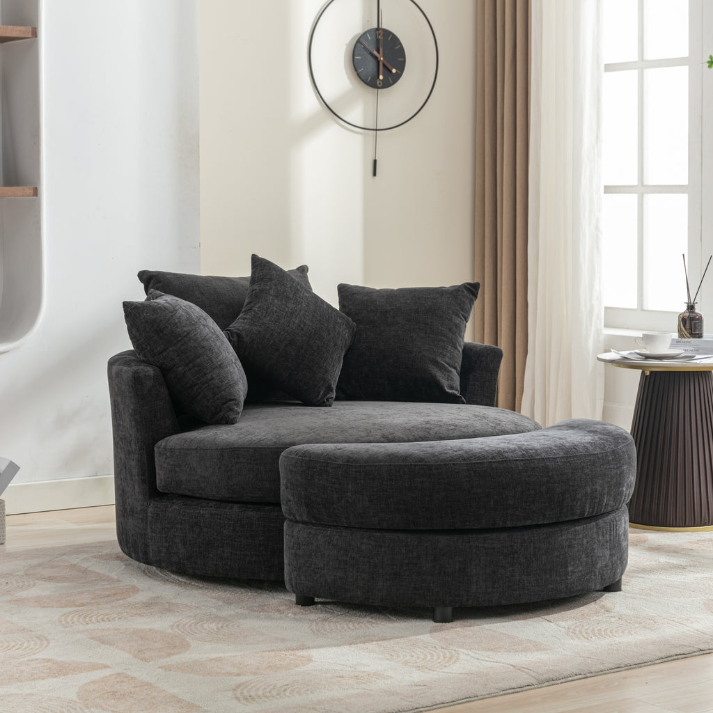 Modern Gray Chenille Swivel Barrel Chair with Ottoman