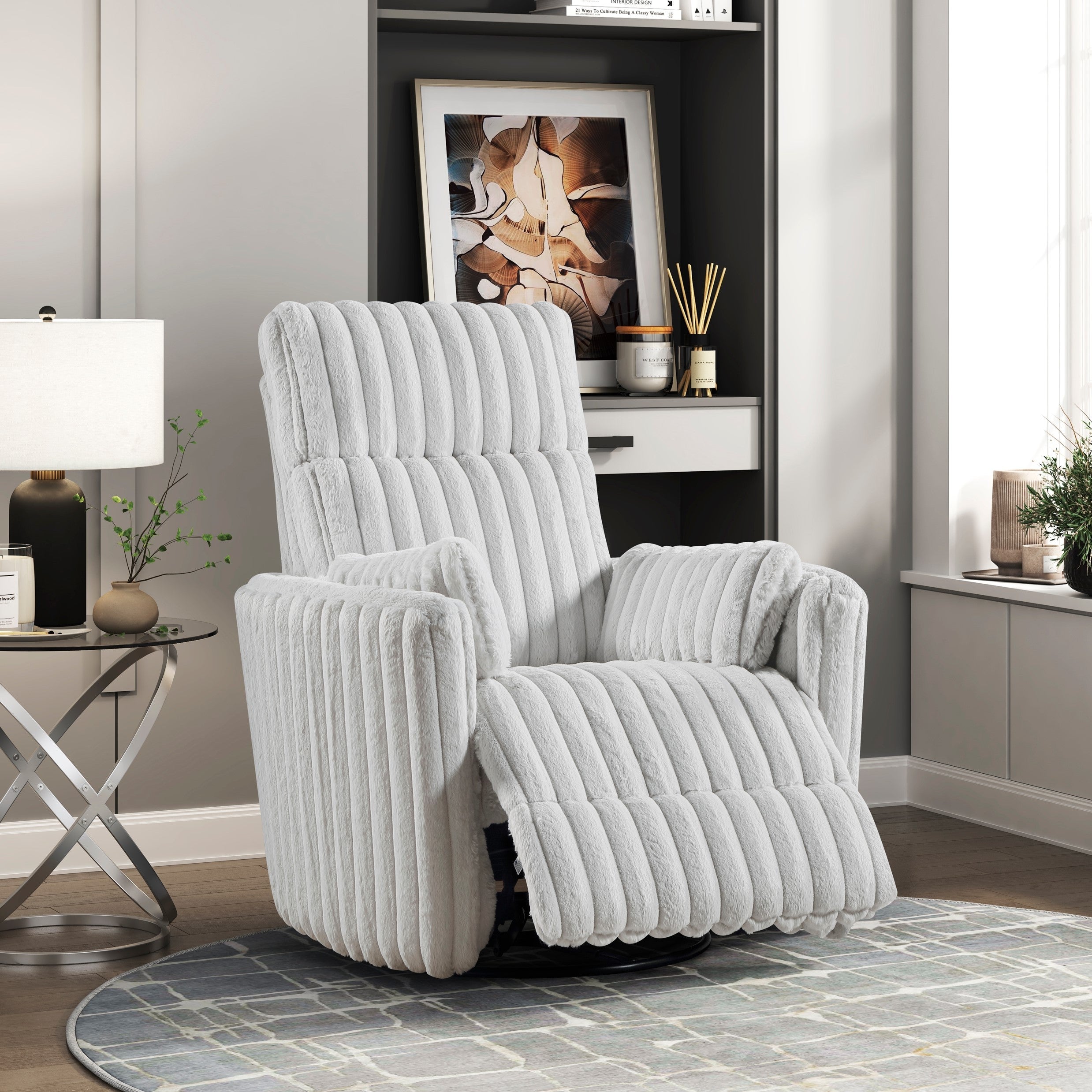 Luxurious Corduroy Upholstered Swivel Glider Reclining Chair Gray Modern Living Room Furniture 1pc Plush Comfort Matching Pillows Accent Chair