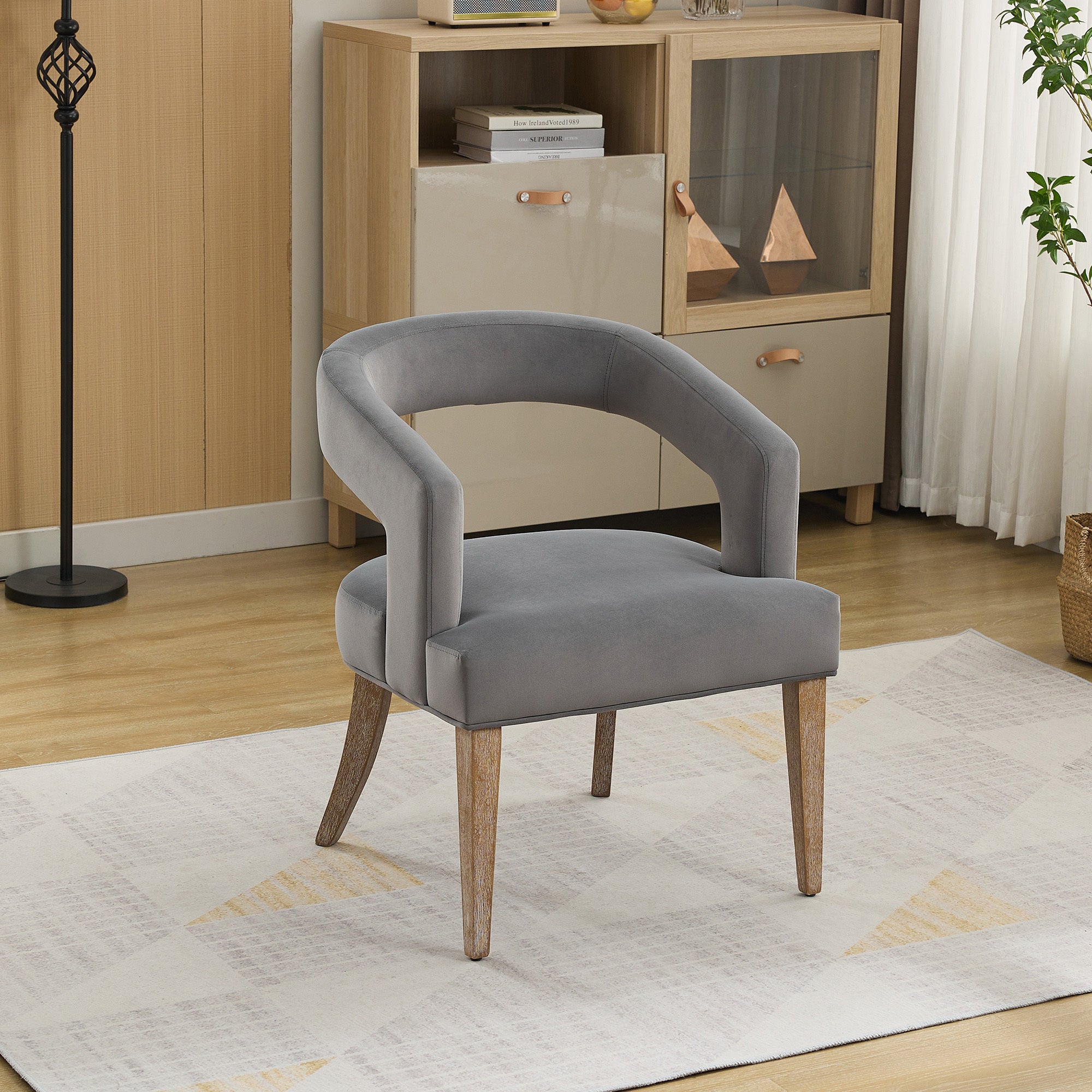 25.79' Wide Modern Barrel Open Back Upholstered Accent Chair with Weathered Solid Wood Legs Dining Chairs for Dining Room, Club, Kitchen and Living Room. Gray Velvet