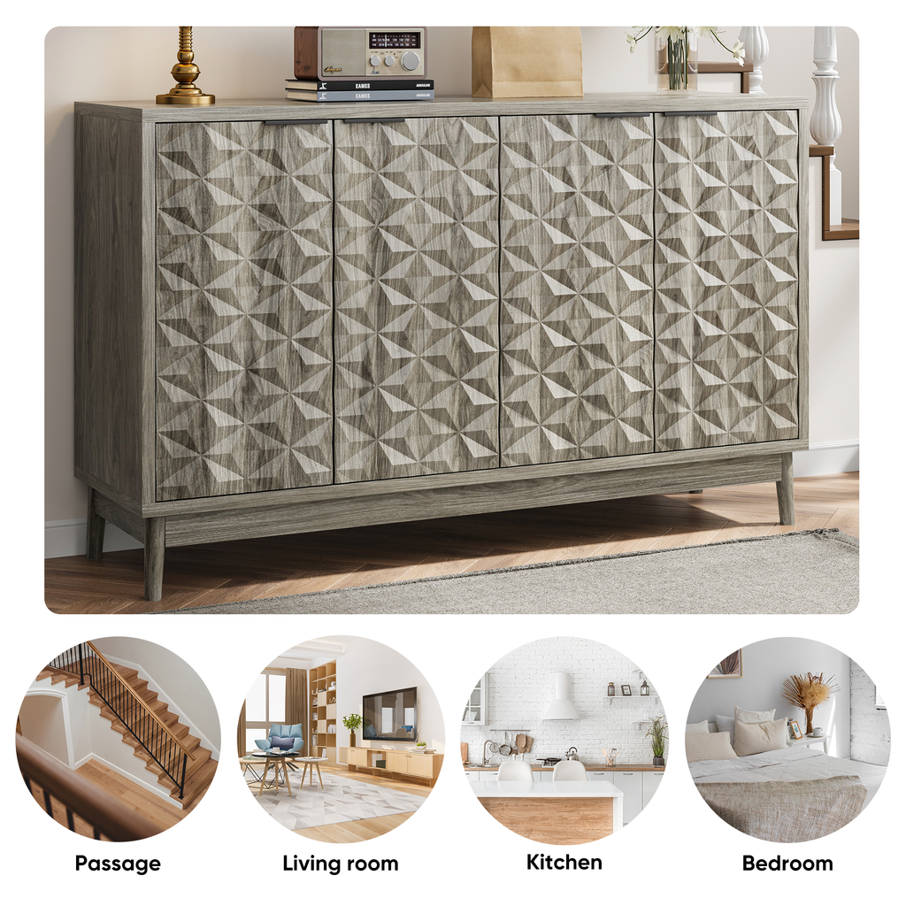 Modern Style Buffet Cabinet ,Sideboard Buffet Cabinet With Storage, Storage Cabinet with 4 Diamond-shaped relief Doors For Living Room, Dining Room, Entryway, Hallway, Kitchen, Grey