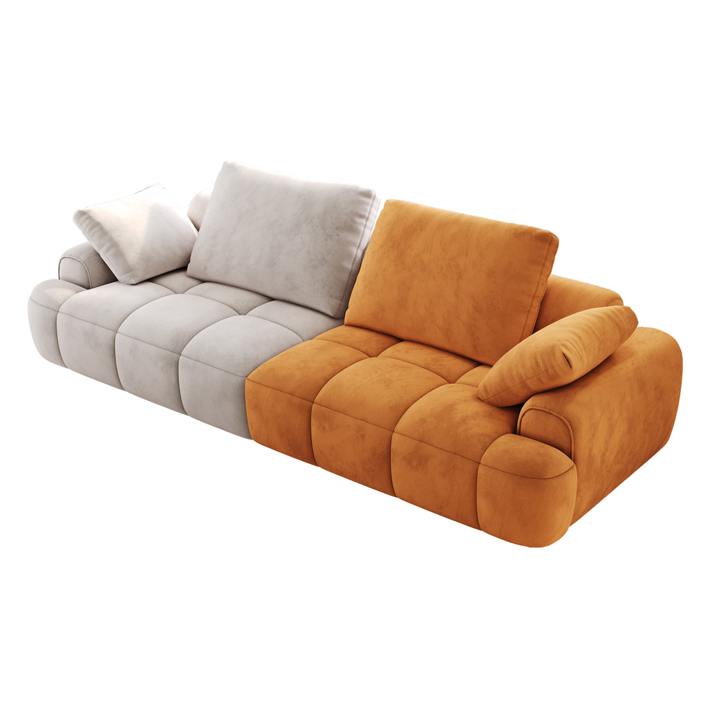 86.6″ Large size two Seat Sofa,Modern Upholstered,Gray paired with yellow suede fabric Increase in sitting height