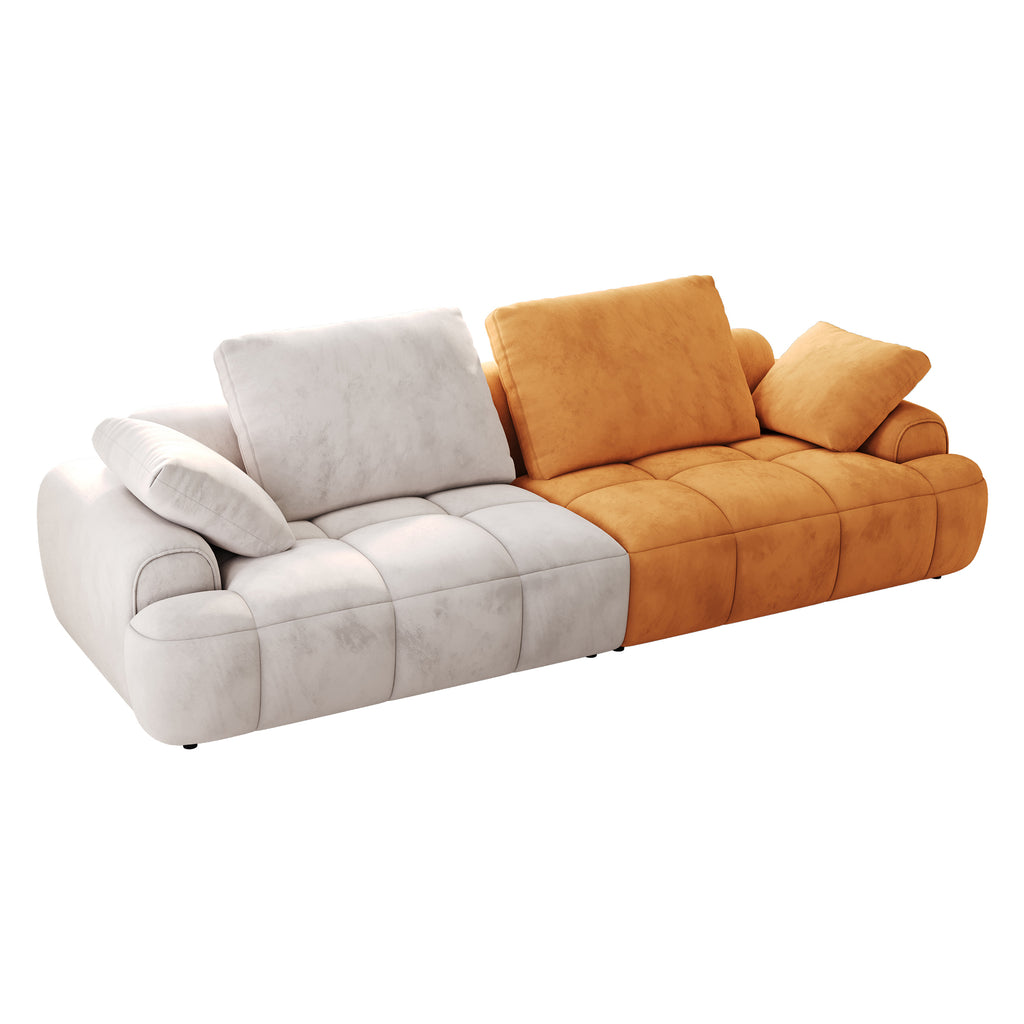 86.6″ Large size two Seat Sofa,Modern Upholstered,Gray paired with yellow suede fabric Increase in sitting height
