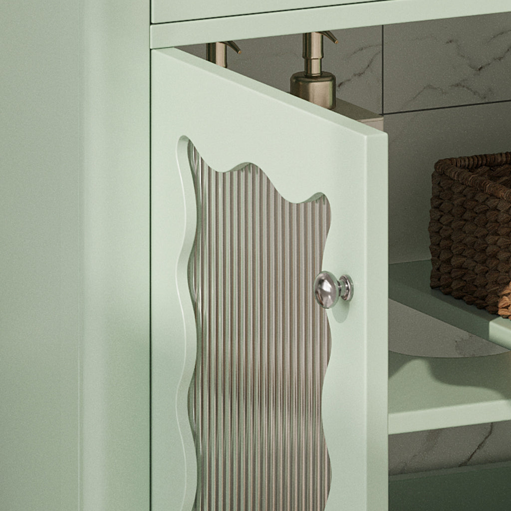 31' Bathroom Vanity with Tempered Glass, Modern Bathroom Cabinet with Rubber Wood legs and Soft close Doors, Green