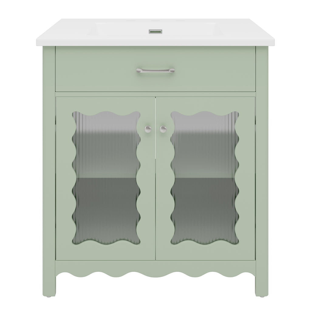 31' Bathroom Vanity with Tempered Glass, Modern Bathroom Cabinet with Rubber Wood legs and Soft close Doors, Green