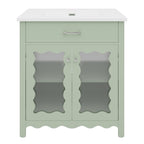 31' Bathroom Vanity with Tempered Glass, Modern Bathroom Cabinet with Rubber Wood legs and Soft close Doors, Green