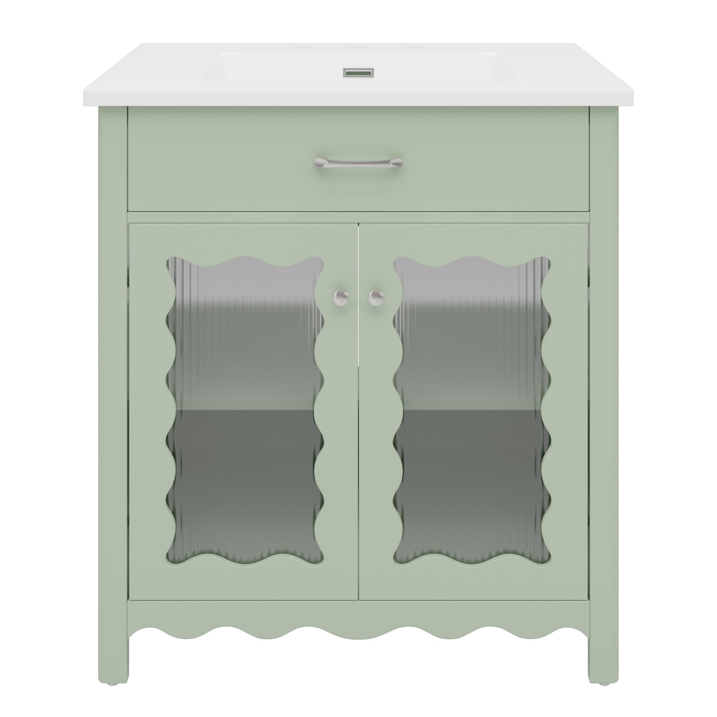 31' Bathroom Vanity with Tempered Glass, Modern Bathroom Cabinet with Rubber Wood legs and Soft close Doors, Green