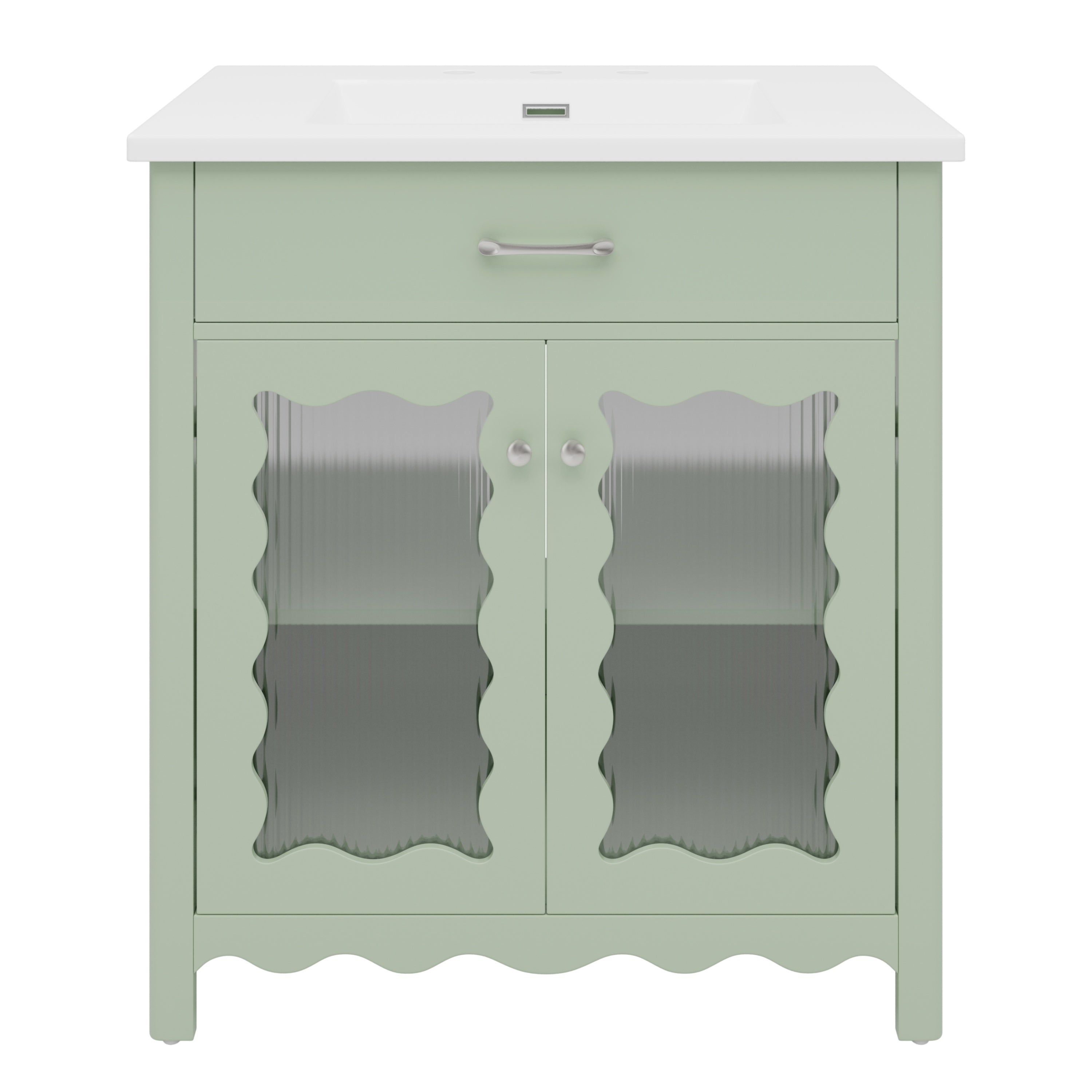 31' Bathroom Vanity with Tempered Glass, Modern Bathroom Cabinet with Rubber Wood legs and Soft close Doors, Green