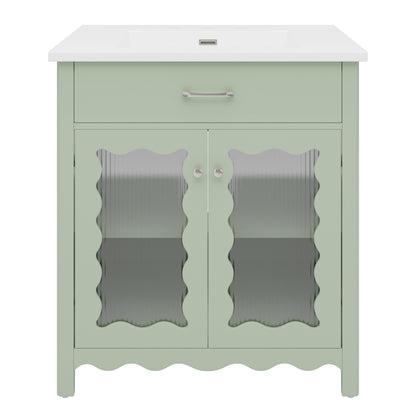 31' Bathroom Vanity with Tempered Glass, Modern Bathroom Cabinet with Rubber Wood legs and Soft close Doors, Green