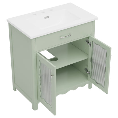 31' Bathroom Vanity with Tempered Glass, Modern Bathroom Cabinet with Rubber Wood legs and Soft close Doors, Green
