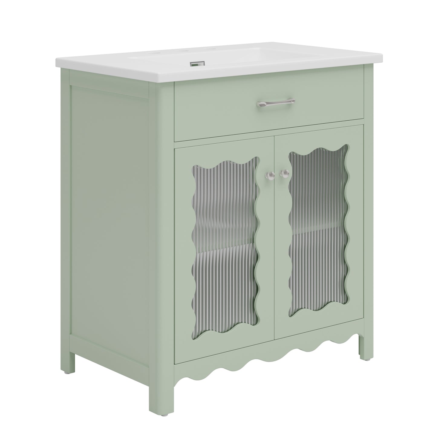 31' Bathroom Vanity with Tempered Glass, Modern Bathroom Cabinet with Rubber Wood legs and Soft close Doors, Green