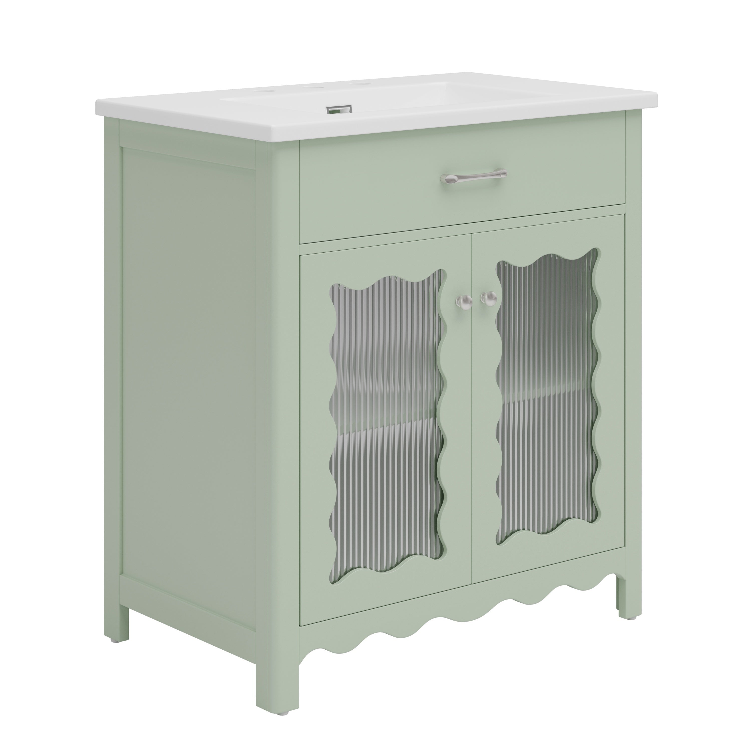 31' Bathroom Vanity with Tempered Glass, Modern Bathroom Cabinet with Rubber Wood legs and Soft close Doors, Green