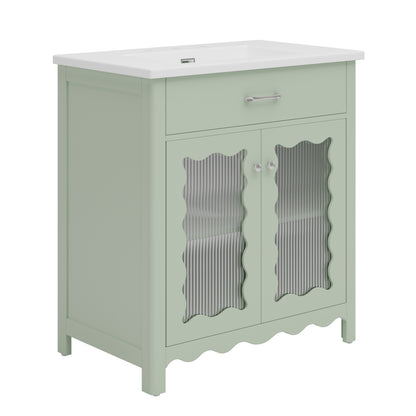 31' Bathroom Vanity with Tempered Glass, Modern Bathroom Cabinet with Rubber Wood legs and Soft close Doors, Green