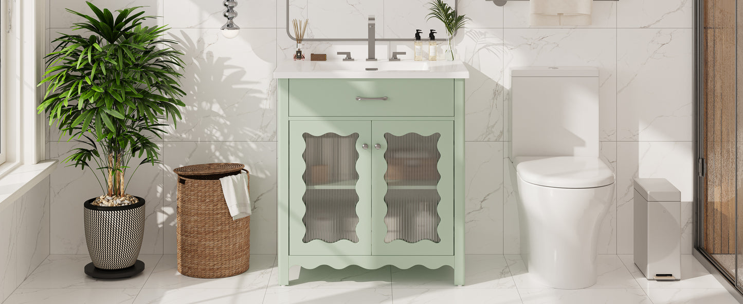 31' Bathroom Vanity with Tempered Glass, Modern Bathroom Cabinet with Rubber Wood legs and Soft close Doors, Green