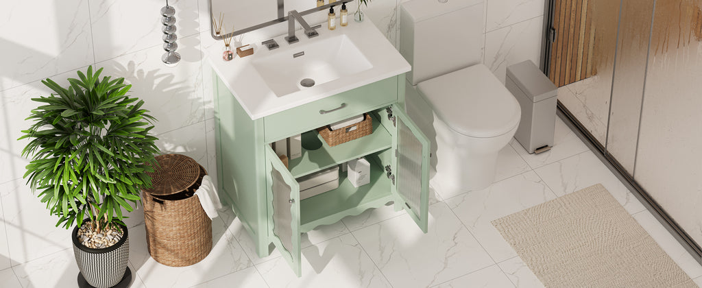 31' Bathroom Vanity with Tempered Glass, Modern Bathroom Cabinet with Rubber Wood legs and Soft close Doors, Green