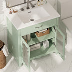 31' Bathroom Vanity with Tempered Glass, Modern Bathroom Cabinet with Rubber Wood legs and Soft close Doors, Green
