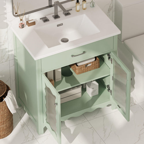 Modern Green Bathroom Vanity with Tempered Glass and Rubber Wood Legs.