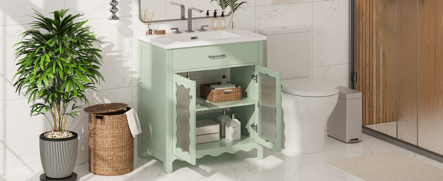 31' Bathroom Vanity with Tempered Glass, Modern Bathroom Cabinet with Rubber Wood legs and Soft close Doors, Green