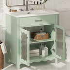 31' Bathroom Vanity with Tempered Glass, Modern Bathroom Cabinet with Rubber Wood legs and Soft close Doors, Green