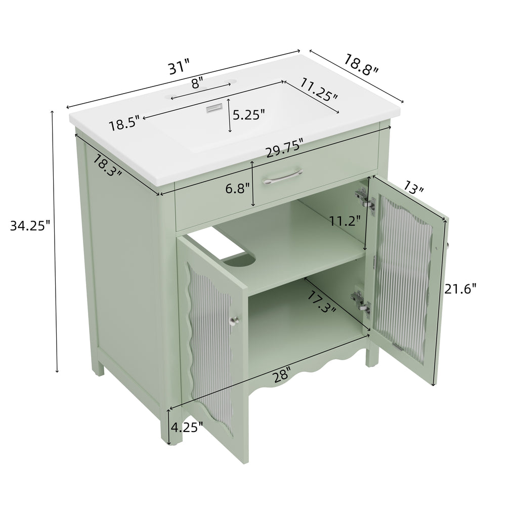 31' Bathroom Vanity with Tempered Glass, Modern Bathroom Cabinet with Rubber Wood legs and Soft close Doors, Green