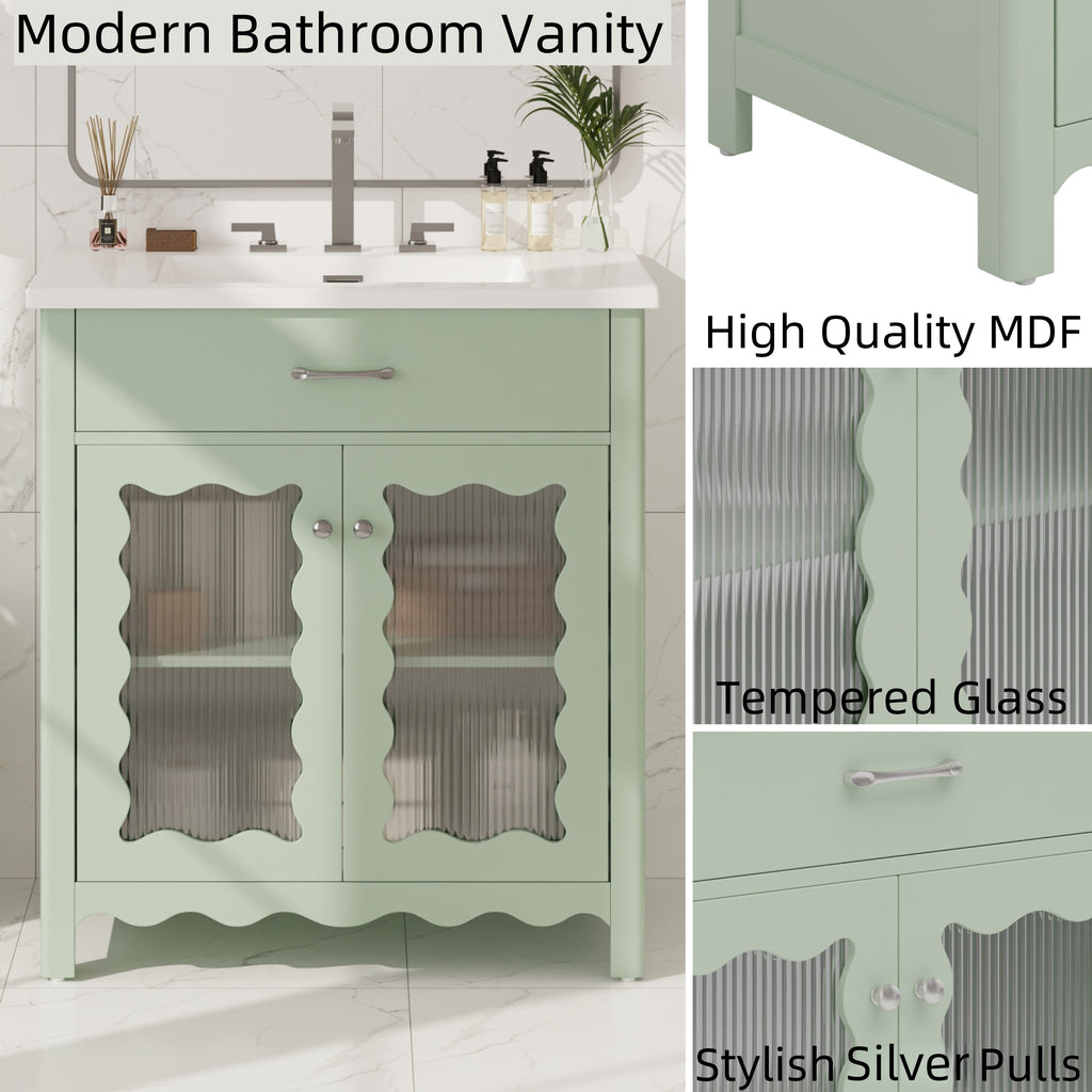 31' Bathroom Vanity with Tempered Glass, Modern Bathroom Cabinet with Rubber Wood legs and Soft close Doors, Green