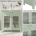 31' Bathroom Vanity with Tempered Glass, Modern Bathroom Cabinet with Rubber Wood legs and Soft close Doors, Green