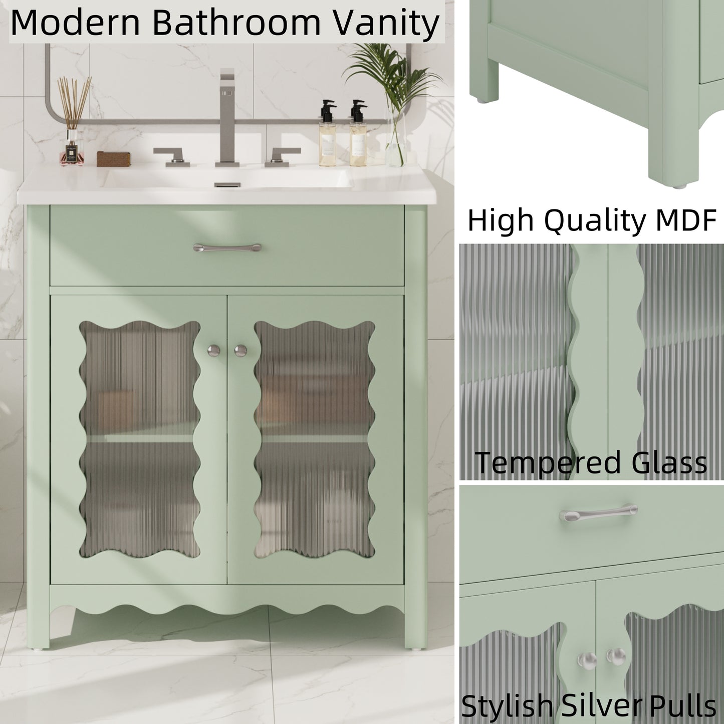 31' Bathroom Vanity with Tempered Glass, Modern Bathroom Cabinet with Rubber Wood legs and Soft close Doors, Green